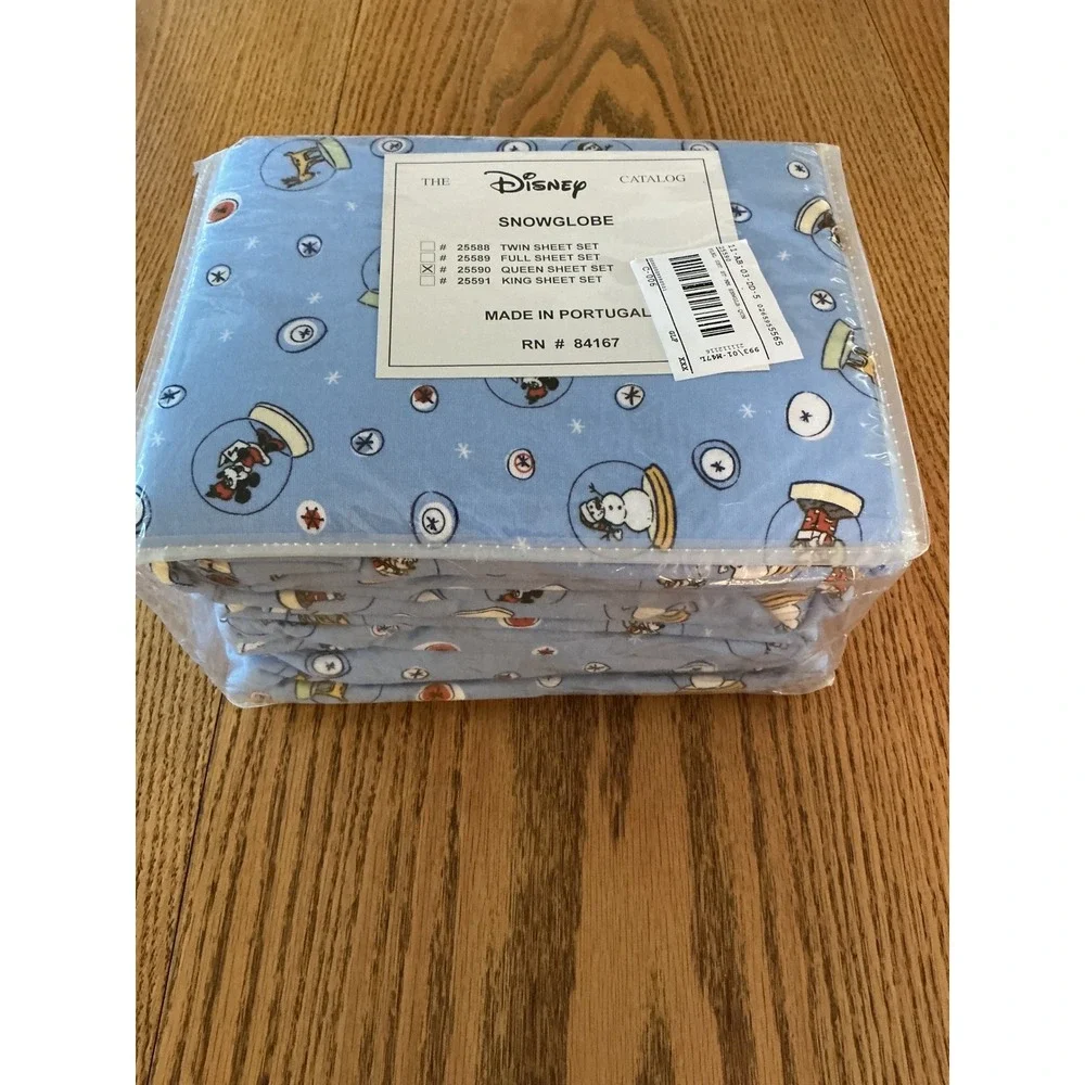 Disney Catalog Snowglobe Flannel Queen Sheet Set Mickey Pluto Blue Portugal NEW